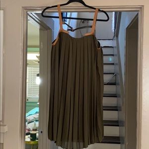 Olive green pleated dress with leather straps
